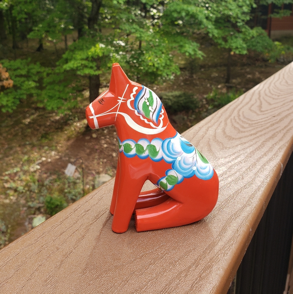 Sitting Red Swedish Dala Horse - UNIQUE Carved Wooden Scandi Folk Art